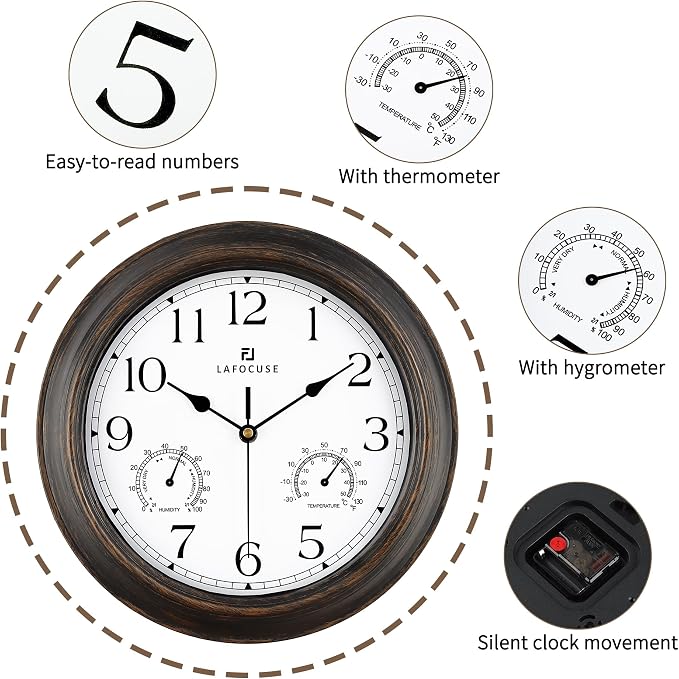 Lafocuse 12 Inch Brown Outdoor Clocks Waterproof for Patio Pool Bathroom | With Thermometer Combo and Hygrometer, Vintage Rustic Weather Outside Clock for Garden Garage Porch Kitchen, Silent, Accurate