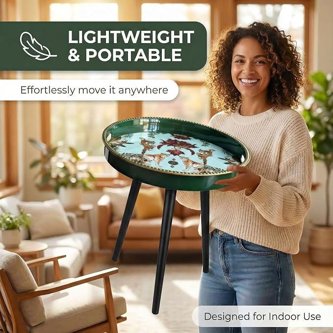 Small Round Side Table - 13 Inch Emerald Green Boho End Table with Vintage Cheetah Pattern Tray - Unique Tropical Accent Table with Moisture-Resistant Wrapped Legs for Living Room & Bedroom