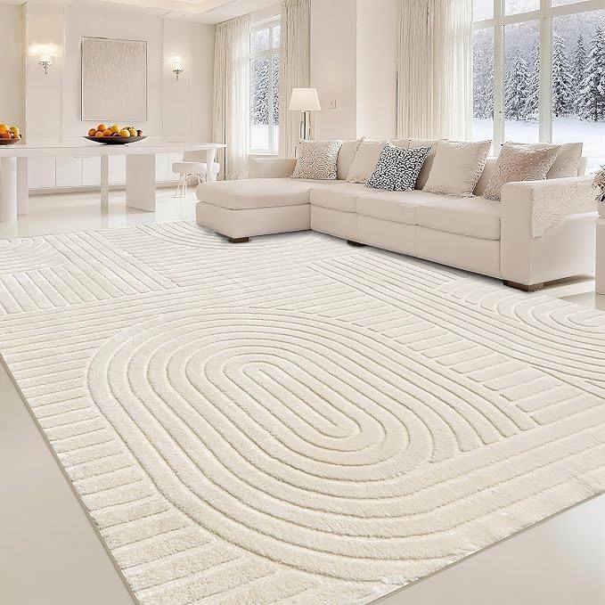 Beige Solid Area Rug 8x10, Washable Rugs for Living Room Bedroom | Modern Neutral Boho Geometric High-Low Pile Carpet, Soft, Fluffy Non-Slip Rugs for Nursery, Kids Room, Apartment, Home Office