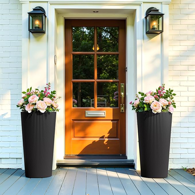 23.6" H Tall Planters for Outdoor Plants Set of 2 - Fluted Large Outdoor Planters for Front Porch Decor with Drainage Hole, Plastic Round Conical Flower Pots Fits Indoor Plants Patio, Black