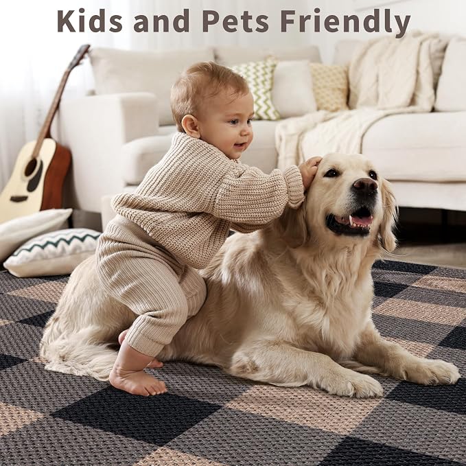 Tangsoo Checkered Easy Jute Rug, 2x3 Washable Ultra Thin Rug for Entryway Non-Slip Black Brown Outdoor Rug,Modern Front Door Mat Carpet for Kitchen Bedroom Porch Doorway