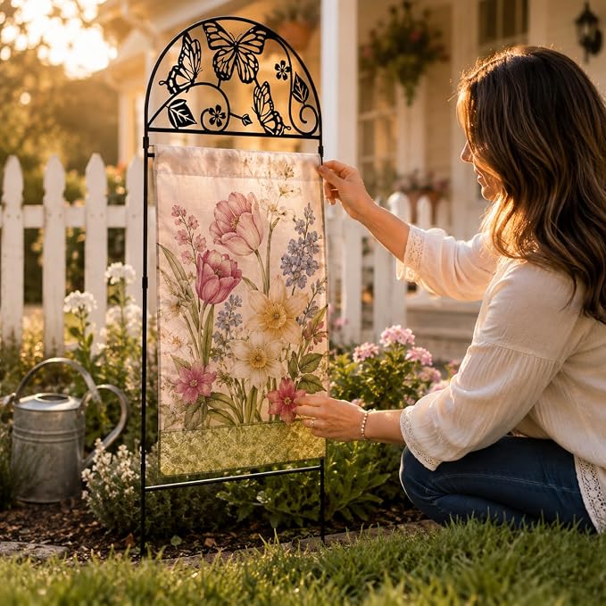 AceList Garden Flag Stand Holder for Outside, Butterfly Decorative Metal Yard Flag Pole with 2 Anti-Wind Clips, Heavy Duty Rustproof Holder for 12x18 Seasonal Garden Flags, Spring Yard Outdoor Decor