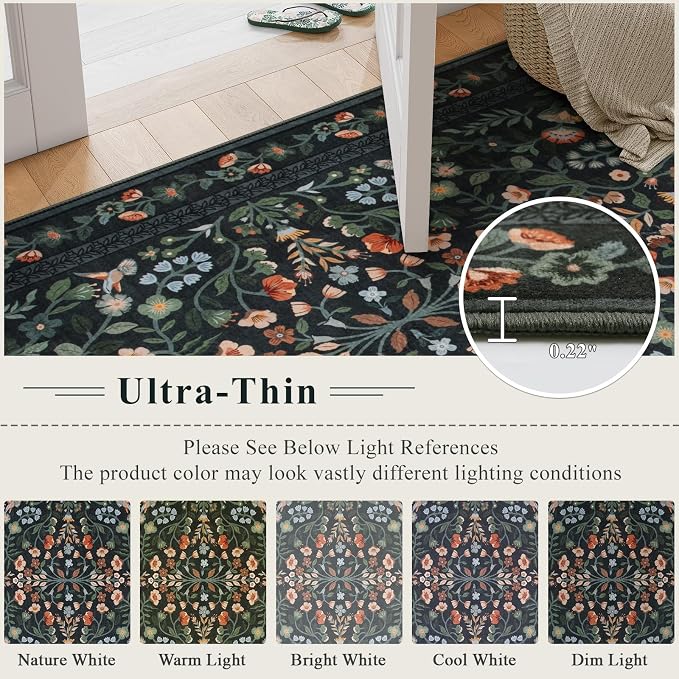 Lahome Black Floral Washable Area Rug 8x10, Vintage Boho Carpet | Non Slip Stain Resistant Carpet for Living Room Bedroom, Low-Pile Soft Rug for Dining Room Office, Home Decor