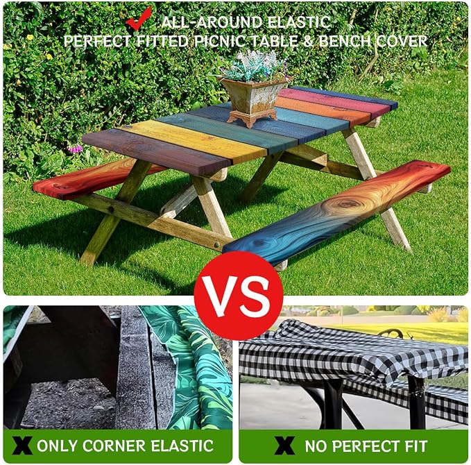 Wood Grain Picnic Table Cover with Bench Covers and Carrying Bag, Rustic Vintage Colorful Rainbow Stripes Rectangle Table Cover, Outdoor Patio Camping Essentials 6FT 4PCS, Camping Fitted Tablecloth