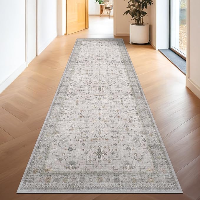 Neutral Light Gray & Sage Kitchen Rug 10 ft Long - Modern Boho 3x10 Extra Long Runners for Hallways, Washable Low Pile Entryway Indoor Rug, Non-Slip Stain Resistant Low Pile Throw Carpet