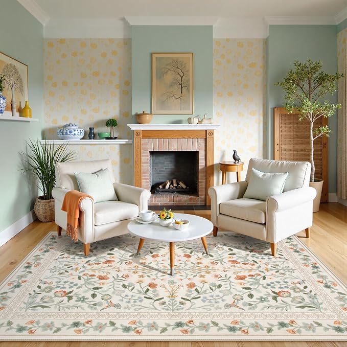 Lahome Beige Floral Washable Area Rug 9x12, Extra Large Botanical Carpet | Non Slip Carpet for Living Room Dining Room, Low-Pile Soft Rug for Bedroom Office, Home Decor