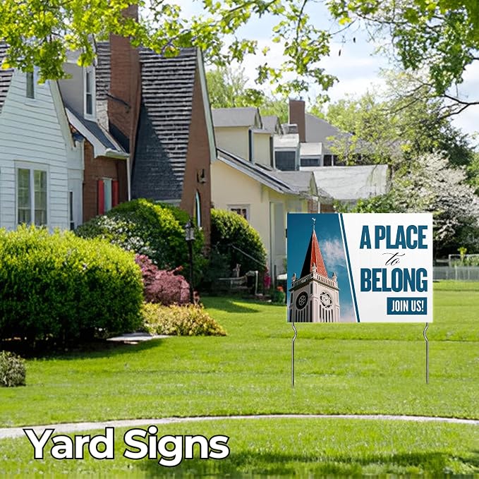 A Place to Belong - Join Us! Yard Sign by DC | 24"x18" Double Sided Church Garden Sign with 13” Metal Stakes | Outdoor Signs Waterproof for Lawn, Patio, Sidewalk & House | Set of 1 | Made in USA