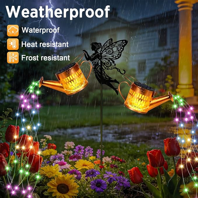 2 Pack Solar Watering Can Lights, Metal Solar Lights Outdoor Decorative with Fairy Silhouette Stake, Waterproof Hanging Lantern Garden Decor Light for Outside, Patio, Yard, Birthday Gifts, Multicolor