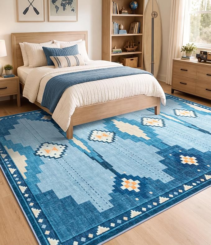 YIHOUSE 5'x7' Washable Blue Geometric Area Rug for Living Room | Soft, Non-Slip, Coastal Aztec Design for Bedroom Dining Nursery Room Playroom, Low Pile, Pet Friendly