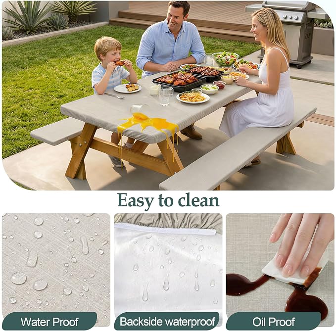 Picnic Table Cover with Bench Covers Camping Essentials Waterproof Windproof Camping Tablecloth with Drawstring Bag, Fitted Rectangle Tables and Seats, 72in, Beige Linen Texture