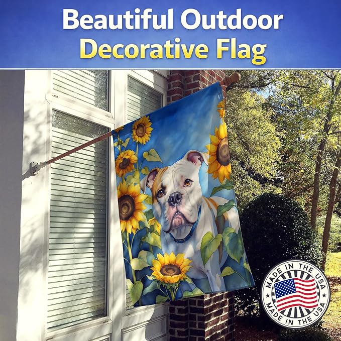 Caroline's Treasures DAC6006CHF American Bulldog in Sunflowers House Flag Large Porch Sleeve Pole Decorative Outside Yard Banner Artwork Wall Hanging, Polyester, House Size, Multicolor
