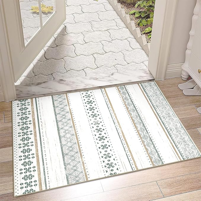 2x3 Washable Area Rugs for Living Room Boho Bathroom Rug Green/Brown | Vacuum Friendly, Machine Washable, Non-Slip Rug, Stain Resistant, Moroccan Geometric, Low Pile Carpet, Entryway Kitchen