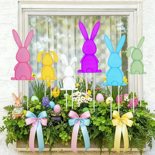 Pickmesh 6 Pcs 14'' H Easter Outdoor Decorations Easter Yard Sign Metal Bunny Yard Stake Multicolored Rabbits Barn Garden Stake for Planter Pot Spring Walkway Pathway Lawn Decor