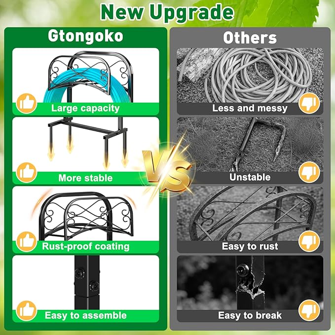 Gtongoko Garden Hose Holder for Outside 43" Heavy Duty Freestanding Water Hose Holder with 4 Stable Spikes Metal Hose Stand Holds Up to 150FT Hose & 44LB Detachable Hose Storage for Yard Lawn Patio