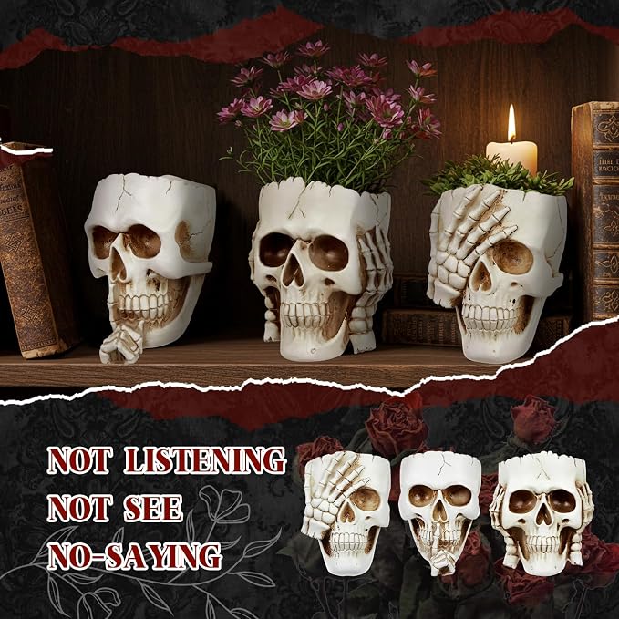 3 Pcs Skull Planter Skeleton Wall Hanging Planter Pot Gothic Spooky Head Face Flower Pot Garden Decor for Festival Party Indoor Outdoor Plants Home Garden Office Decorations(White)