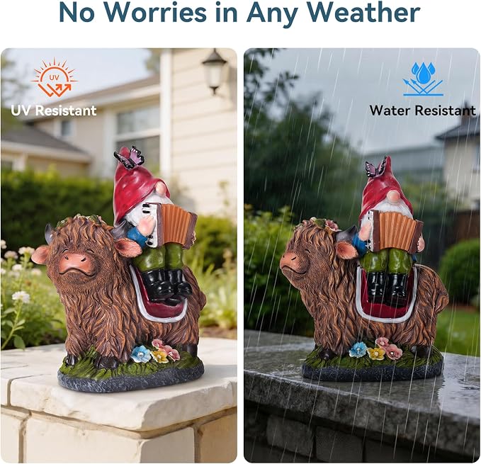 Highland Cow Gnome Statue, Highland Cow Gnomes Garden with LED Lights and Book, Solar Garden Statues for Yard, Patio, Balcony, Lawn Ornaments Figurines Gifts for Women, Mom