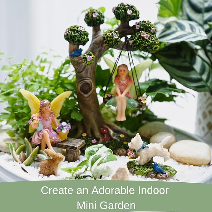 PRETMANNS Fairies for Fairy Garden Outdoor - Miniature Fairy Figurines Set with Tree Swing & Puppy - Indoor Outdoor Fairy Garden Accessories Kit - Starter Supplies for Fairy Village