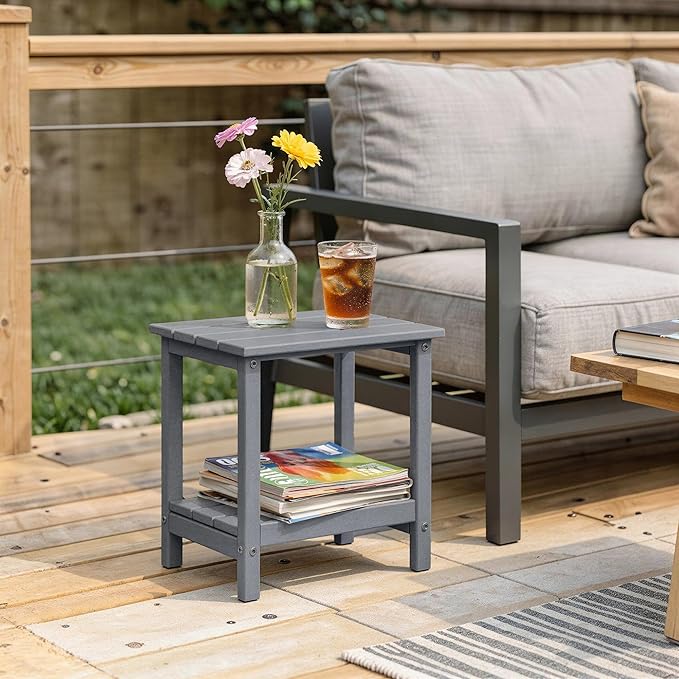 Amazon Basics Outdoor Patio Side Table with Lower Shelf, Weather-Resistant Stainless Steel Hardware, 16.5 x 12.6 x 16.5 Inches, Grey, 1-Pack