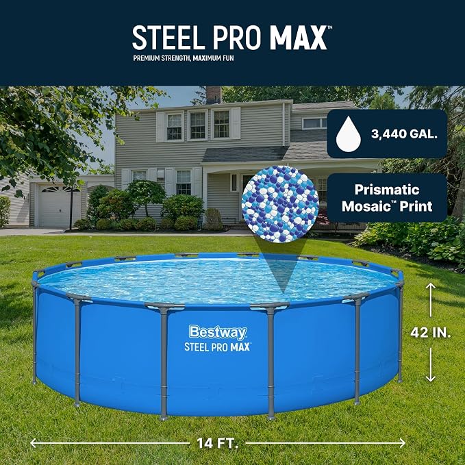 Bestway Steel Pro MAX 14’ x 42 Above Ground Swimming Pool, Pool Only, Blue | Round Durable Metal Frame Pool, Outdoor Backyard Water Activity - Includes Puncture-Resistant Liner, No-Tool Setup