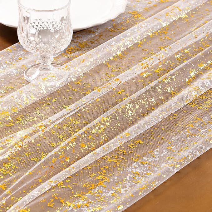 Socomi Gold Table Runner Gauze Tulle Ivory White Sheer Glitter Metallic Foil Chiffon Cheesecloth Sequin 10FT Wedding Birthday Party Dining Anniversary Holiday Centerpiece Table Decor 3pcs
