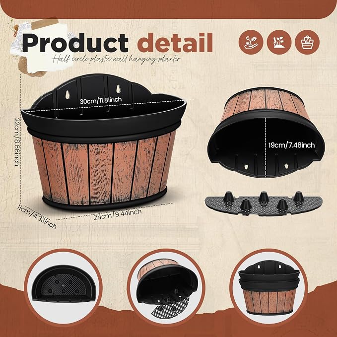 Layhit 6 Pcs Wall Hanging Planters Outdoor Pot Planter Wine Barrel Planter Distressed Oak Thickened Plastic Water Storage Flower Pots for Flower Indoor Outdoor(12 Inches,Brown)
