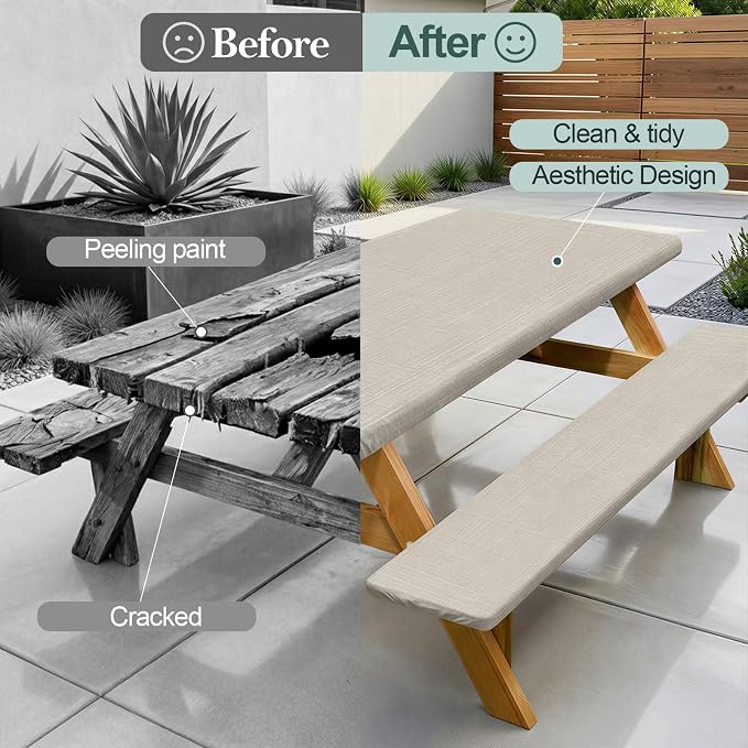 Picnic Table Cover with Bench Covers Camping Essentials Waterproof Windproof Camping Tablecloth with Drawstring Bag, Fitted Rectangle Tables and Seats, 72in, Beige Linen Texture
