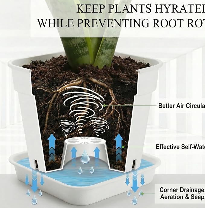 10 Inch Square Planters with Saucers - 5 Pack Large White Plastic Plant Pots with Raised Airflow Center & Corner Vents - Heavy Duty 5mm Thick Orchid Pots for Indoor Outdoor Vegetables & Trees