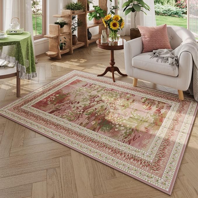 Rugcomf 4x6 Rug for Bedroom Impressionist-Style Vintage Washable Rugs Non Slip Low Pile Small Carpet for Bedside Kids Room Office Dining Room, Pink