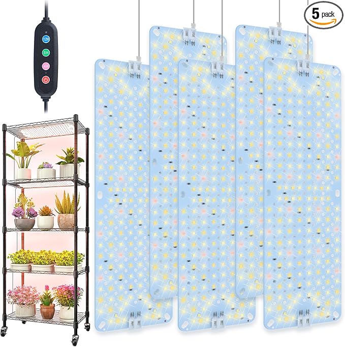 5Pack 2026 Ultra-Thin Panel Grow Lights for Seed Starting, Vegetables, Greenhouse & Under Cabinet & Shelf Plants with Timer 4/8/12/16/20H, Free Connect Full Spectrum Indoor LED Plant Growing Lamps