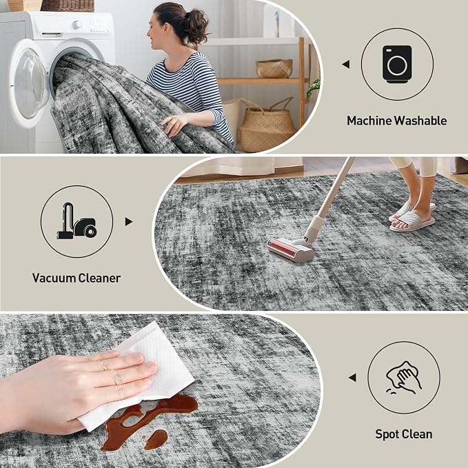 8x10 Area Rugs for Living Room: Washable Abstract Black Badroom Carpet | Non-slip TPE backing makes this washable soft low-pile rug safe & durable, Pet-friendly decor for dining room,nursery,office
