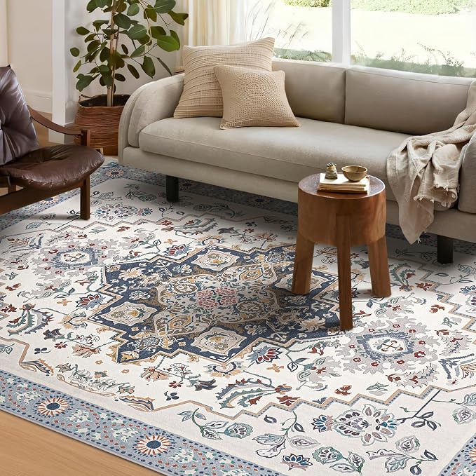 Phantoscope Washable Area Rug 4'x6' Non-Slip, Vintage Boho Rugs for Living Room, Bedroom, Dining Room, Persian Floral Medallion Pattern, Low-Pile Foldable Floor Carpet, Ivory Blue/Garden Bloom