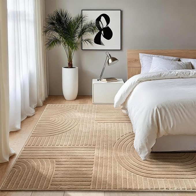 Camel Geometric 5x7 Solid Area Rug, Washable for Living Room Bedroom | Ultra Soft Thick Boho High-Low Pile Texture Indoor Carpet, Fluffy, Non-Slip Rugs for Bedroom, Kids Room, Nursery, Home Office