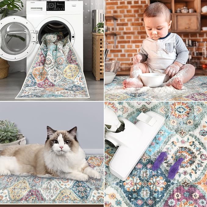 ROYHOME 8x10 Area Rug Moroccan Trellis Machine Washable Rug, Purple/Grey | Vintage Medallion Distressed Indoor Accent Rug Stain Resistant Non-Slip Farmhouse Floor Cover Carpet for Living Room Bedroom