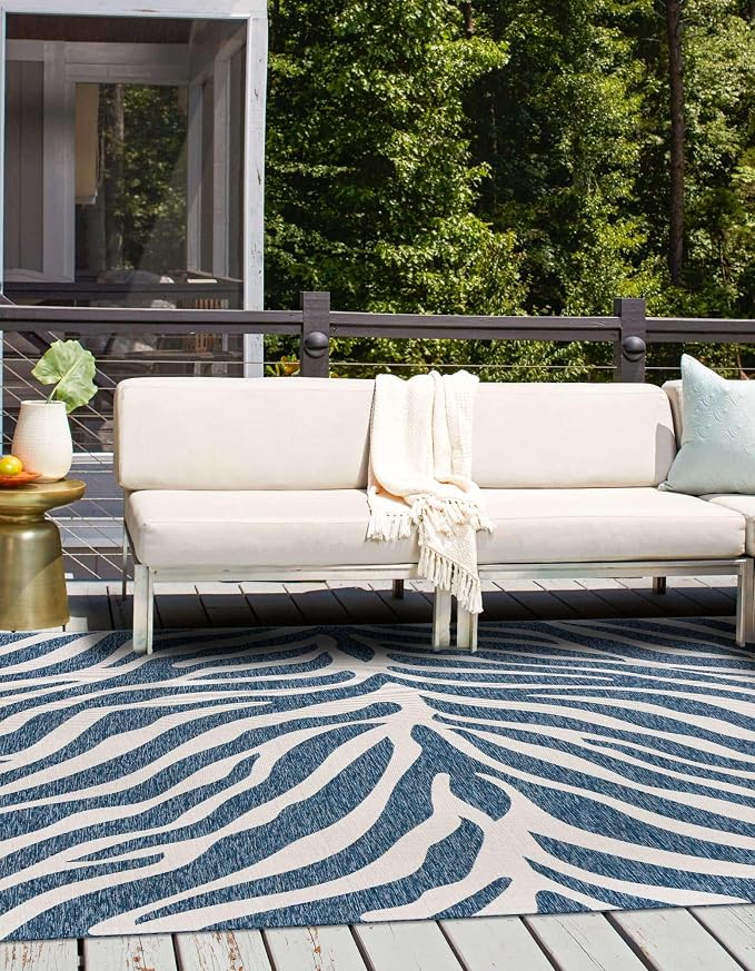 Unique Loom Outdoor Safari Collection Area Rug - Tsavo (10' Square, Blue/ Ivory)