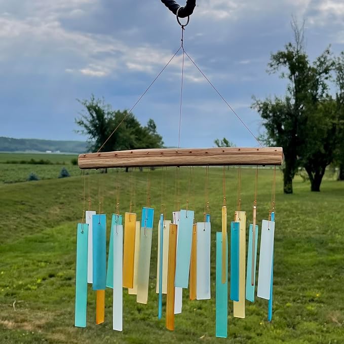 Blue Handworks Caribbean Beach Glass and Driftwood Chime - Sandblasted Glass and Found Wood Hand Crafted Wind Chime | Sandblasted Glass and Found Wood Hand Crafted Wind Chime
