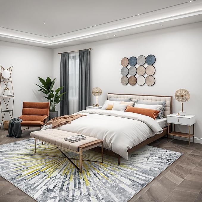 Lahome Manon 8x10 Rugs for Living Room, Modern Bedroom Area Rug Aesthetic Low Pile Soft Dining Room Rug, Washable Abstract Golden Indoor Carpet for Playroom Nursery
