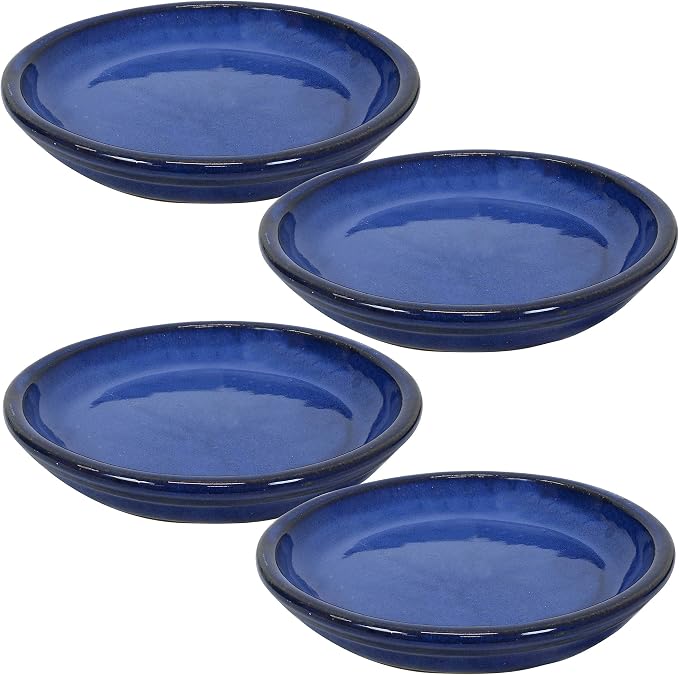 Sunnydaze 7-Inch Ceramic Plant Saucers - Plant Drip Trays for Outdoor Planter Flowerpot Drainage - Set of 4 - Imperial Blue