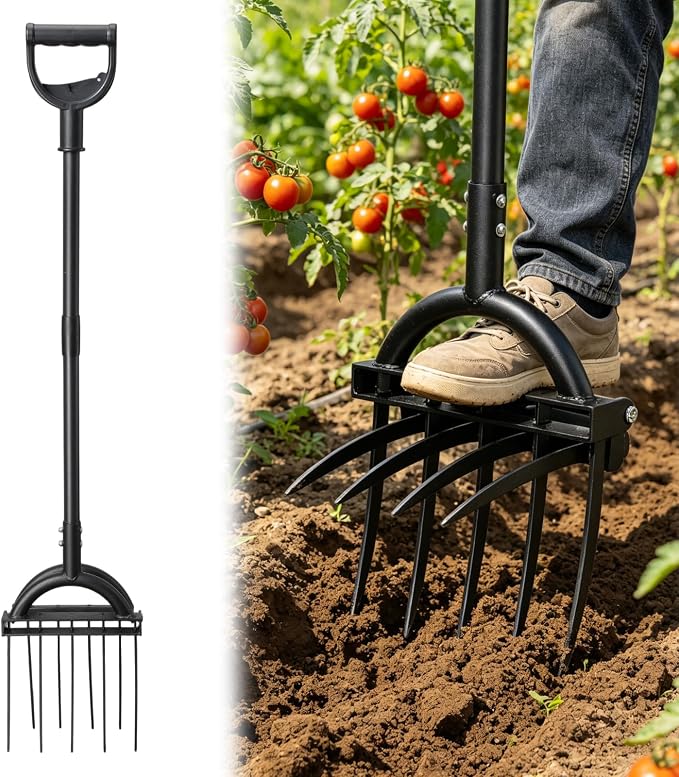 Broad Fork Garden Tool, 63” Heavy Duty Broadfork Hand Tiller with Double 5+4 Sharp Tines, Garden Pitchfork with Ergonomic D-Shaped Handle, Spading Digging Fork for Compost Soil Cultivating Loosening