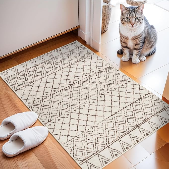 2x3 Small Rug Washable Rug: Moroccan Kitchen Low Pile Area Rugs Beige | Non Slip Geometric Indoor Mat with Rubber Backing Soft Area Rug Pet Friendly for Entryway Front Door Bedroom
