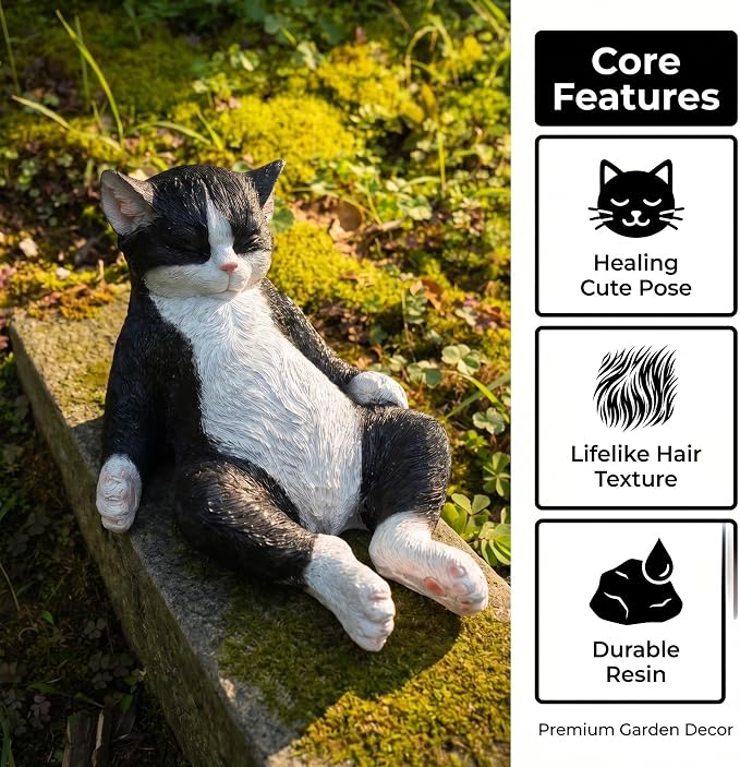 Cat Statue Outdoor Cat Figurines Garden Decor, Black & White Cat Statue Figurine Decor Sculpture for Patio, Yard, Resting Tuxedo Cat Statues for Indoor Table Accessory, Gift for Mom & Cat Lovers