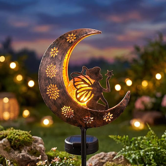 TERESA'S COLLECTIONS Garden Decor for Outside, Moon Fairy Garden Accessories for Outdoor Decor, 32'' Solar Lights for Yard Decorations Outdoor, Metal Yard Stakes for Lawn Patio Porch Gifts for Mom