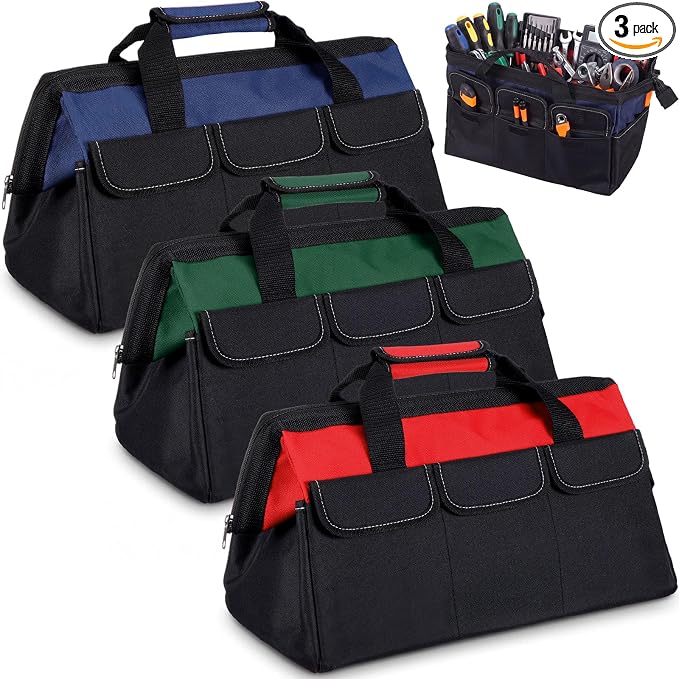 Sanwuta 3 Pack Tool Bag for Men with Waterproof Hard Bottom, Heavy Duty Tool Bag Wide Mouth Tote for Various Instrument, Electrician Carpenter Mechanic(Red, Army Green, Blue,16 Inch,Side Pockets)