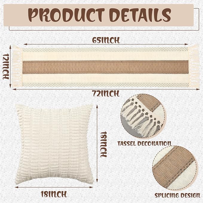 Beeveer Extra Large Outdoor Boho Picnic Blanket 91'' x 71'' Beige White Table Runner 6 Throw Pillow Cover Woven Cotton Yarn Oversize Beach Blanket Washable for Picnic Camp Wedding