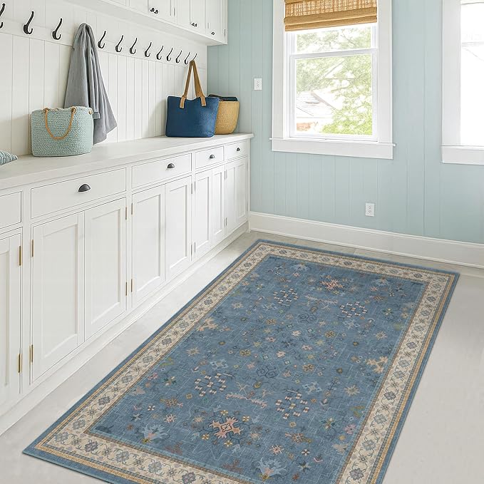 Washable 3x6 Throw Rug for Large Kitchen - Blue Rugs for Entryway Indoor, Bedroom Bedside, Mudroom, Boho Eclectic Modern Décor, Non Slip Low Pile Fade Resistant