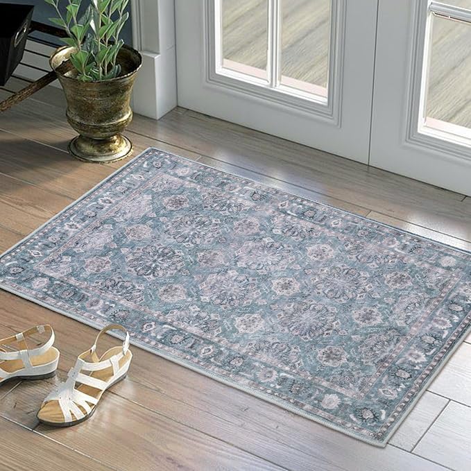 SERISSA 2x3 Washable Non Slip Floral Boho Small Area Rug for Entryway | Ultra Soft Vintage Floral Carpet Low-Pile Blue Grey Indoor Mat Throw Rug for Bedroom Kitchen Bathroom Entrance Floor