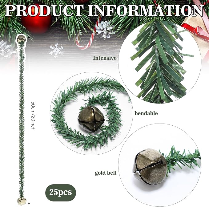 25 Pcs 20 Inches Christmas Garland Ties with Bells Decorative Twist Ties Garland Hanger for Banister Stairs Railing Garden Reusable Flexible Twist for Xmas Holiday Decorations (Bronze)