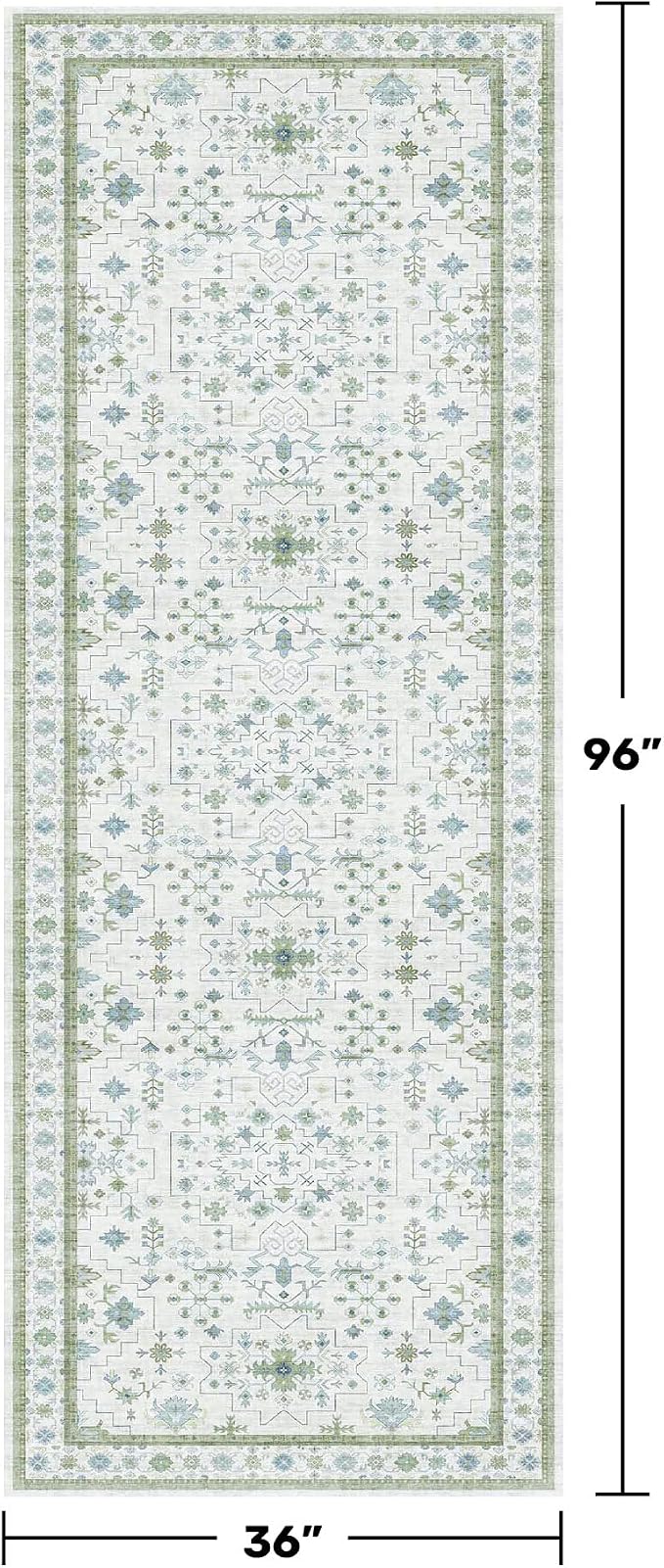 Turkish 3x8 Wide Hallway Runner - Cream Green Oushak Boho Floral, Washable Low Pile Non Slip Stain Resistant Rug for Kitchen, Bathroom, Hall Way