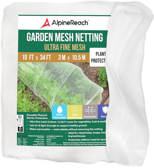 AlpineReach Garden Netting Ultra Fine Mesh 10 x 34 ft - Durable Protection Barrier Net Cover for Vegetable Plants Fruits Flowers Crops Greenhouse Row Cover Raised Bed