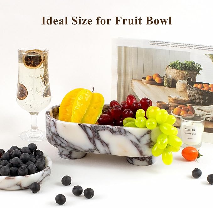 LIN CHUAN Natural Oval Marble Fruit Bowl for Kitchen Counter | Two-Legged Decorative Pedestal Bowl for Dining Table Decor, 10" Luxury Entryway Catchall Purse Bowl - Calacatta Viola