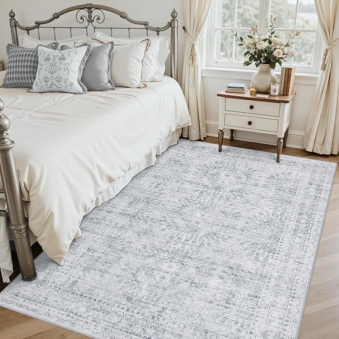 3x5 Area Rugs Living Room: Bedroom Neutral Washable Carpet Gray | Vintage Boho Soft Small Indoor Decor Floor Non-Slip Low Pile Neutral Farmhouse Entryway Laundry Bathroom Bedroom Beside Rugs